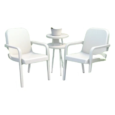  2 white plastic chairs amongst plants sticker