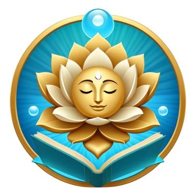 Un libro book dorado y azul celeste con detalles esmeralda, bordes luminosos y un símbolo de círculo zen, loto en la portada, irradiando presencia, tranquilidad y despertar espiritual.  sticker