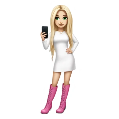 Realistic White girl with Long straight blonde hair, green eyes, tattoos, full body wearing white dress and pink knee-high leather boots, doing cute selfie pose sticker