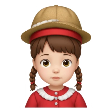 baby girl with brown hair and pigtails with a hat and red dress like My Neighbor Totoro movie sticker