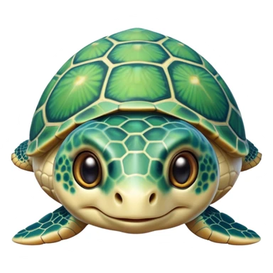 Cinematic Cute Sea Turtle Portrait Emoji, Head tilted playfully and inquisitively, featuring a charming, compact form with a beautifully patterned, domed shell and gentle, sparkling eyes full of oceanic wonder, Simplified yet irresistibly adorable features, highly detailed, glowing with a warm, friendly sea glow, high shine, affectionate and lively, stylized with a touch of whimsical marine charm, soft glowing outline, capturing the essence of a mischievous yet loving sea turtle that seems as if it could swim out of the screen into your arms! sticker
