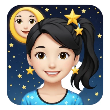 An Emoji of girl with black ponytail hair, who can be described by three words: sun, moo, star sticker