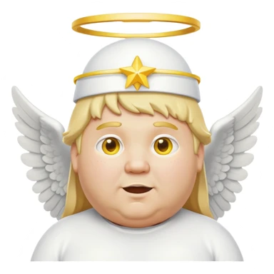 chubby man with blond hair, yellow eyes, white band outfit, tall white band hat, angel with melted halo and yellow wings, tooth cap sticker