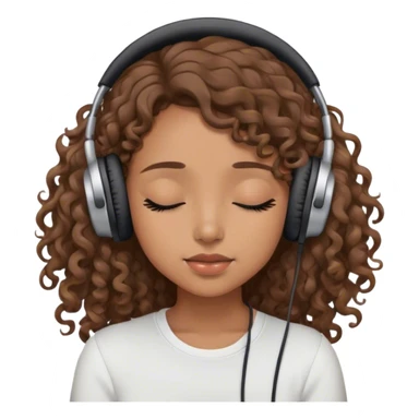 Light brown skin girl, long curly brown flat hair, eyes closed, headphones on listing to music sticker