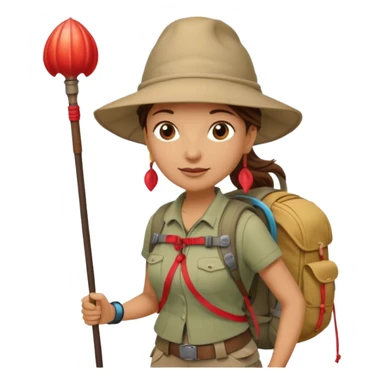 Middle aged women, long brown ponytail with wide brim hiking hat. With backpack and trekking poles. Backpack has a scallop shell with the cross of saint james hanging from it.  Remove the cross and add a scallop shell on a red string hanging from the backpack  sticker