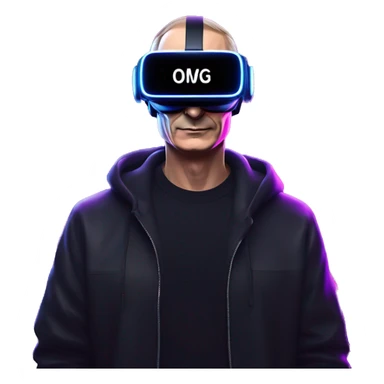 Vladimir Putin wearing a black hoodie with "OMG" letters on it and VR headset oculus quest 2 in a cyberpunk VR environment with violet neon lighting. sticker