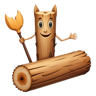 The character is an anthropomorphic wooden log with a cartoonish face, human arms and legs, and a long wooden bat, giving it a surreal, humorous appearance. sticker
