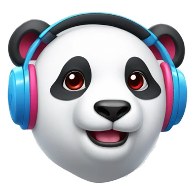 white panda, wit red ears, with red blue pink headphones, with one button eye sticker