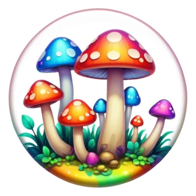 A round psychedelic colored button with bezeled edges and rainbow colored mushrooms sticker