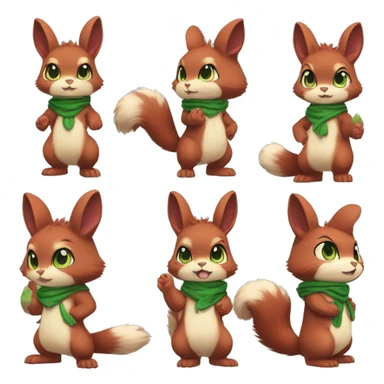 Cute, Chibi, chubby, fluffy, Kemono-style, Anthro, Fur-Sona, Dark-Red, Squirrel-Rabbit-hybrid-Fakémon, with a green bandana, full body sticker