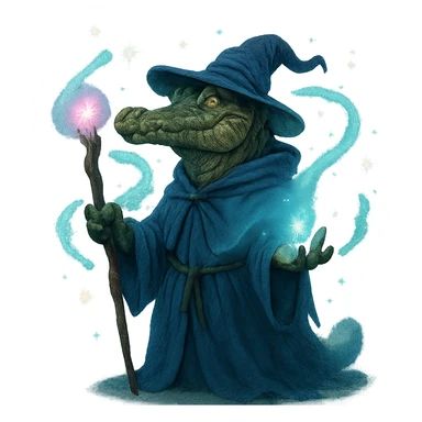 alligator wizard, mystical aura, stars and sparkles, fantasy sticker