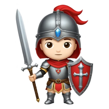 Um guerreiro estilo chibi/cartoon, vestindo armadura prateada brilhante, com capacete medieval e um penacho vermelho no topo. O personagem faz uma cara sério, chocado " :| ". O fundo é preto, destacando bem o personagem. sticker