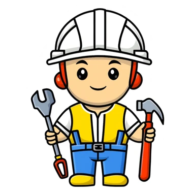 Ukrainian builder in traditional embroidered vyshyvanka shirt with construction helmet and tools sticker