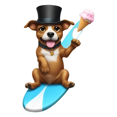 Dog on a surfboard wearing a top hat eating ice cream sticker