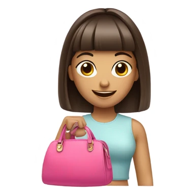Happy brunette girl with bangs holding pink purse sticker