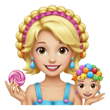 candy shop vendor, looking like candy with candy earrings and candy hair with big smile and blond hair sticker