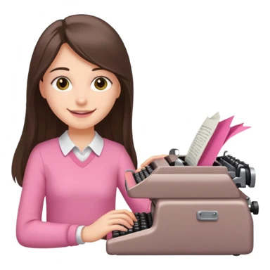 smiling white long brunette hair girl with hazel eyes wearing pink typing on a typewriter sticker