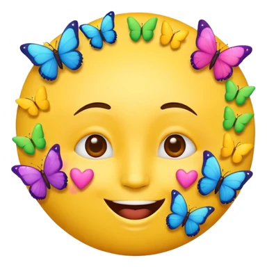joyful emoji face surrounded by colorful hearts and butterflies sticker