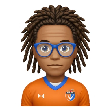 Edgar Davids as an apple style emoji, black tightly-braided dreadlocks pulled back, blue sports glasses, orange football jersey with black and white collar, serious facial expression, iconic football look sticker