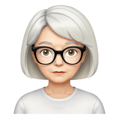 white older woman about 60 with light warm skin, short black bob haircut with slight waves at ends, neutral expression, large black shiny butterfly or cat-eye glasses, white casual t-shirt, calm and creative energy sticker