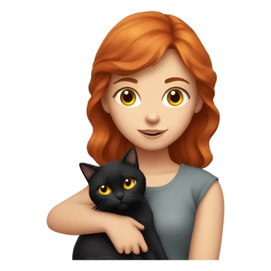 A red-haired girl holds a black British cat with yellow eyes in her arms sticker