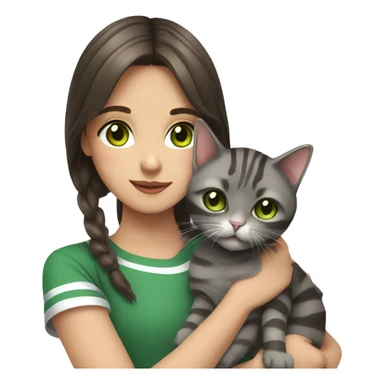 Brunette girl with green eyes, holds in her arms a British gray, striped cat with brown eyes sticker