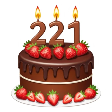 A birthday cake with the number 21 on it and the cake is chocolate and straw berries and nice burning candles sticker