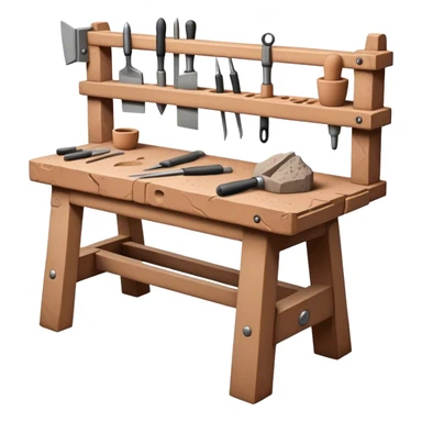 Cinematic Realistic image of a workbench set with a lump of pliable clay and artisanal sculpting tools, rendered with finely detailed textures that reveal subtle clay particles and well-worn tool surfaces, bathed in warm, focused studio lighting sticker