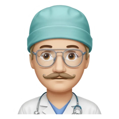 White person with a mustache and glasses with a surgical cap sticker