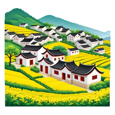 Wuyuan countryside spring flowers and traditional houses Jiangxi, simplified emoji style with bold outlines and bright colors, cartoon style rural village with yellow rapeseed flowers sticker