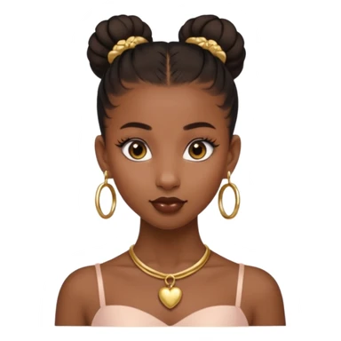 Create a brown skin black girl with a sleek ballerina bun with gold jewelry make her have two nostril piercings and a septum along with a heart nugget earings sticker