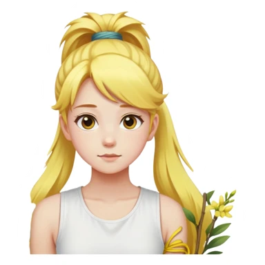 A girl with a high ponytail, a yellow hair tie, and a sleeveless white top, surrounded by blooming forsythias. sticker