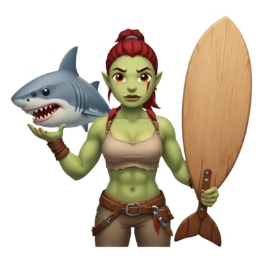 orc female holds a board with a shark painted vertically in his hands sticker