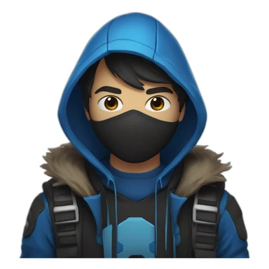 Boy brown developer left side behind his laptop with this style: Valorant Riot Game blue character blue black hooded hacker  sticker