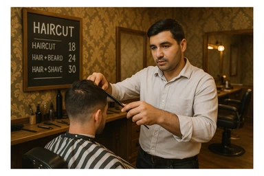 Draw me a picture of a barbershop that looks like this guy working in a barbershop. The barbershop doesn't have to be very modern. It should be on a medium floor. Also draw a blackboard on the wall. It should have the prices for haircuts there. sticker