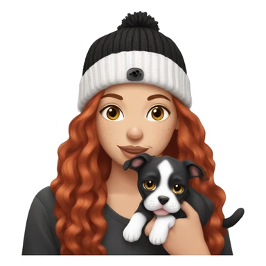Long Red haired woman in beanie with septum piercing holding black and white English Staffordshire puppy and tabby cat sticker