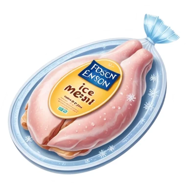 A pack of frozen chicken breasts sealed in transparent plastic packaging, covered with frost and ice crystals. The meat looks pale pink with a slight icy glaze, sitting in a freezer with cool blue lighting. Realistic detail, cold atmosphere, food photography style. sticker