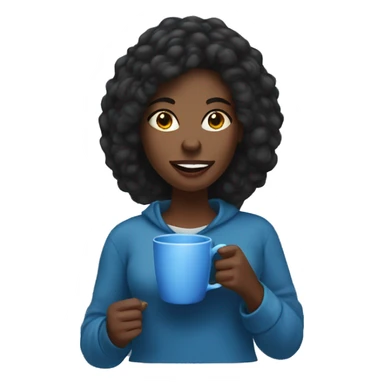 black woman, straight hair, holding blue mug of coffee with a cozy expression sticker