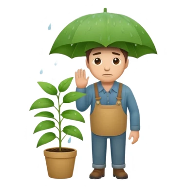 Create a sad farmer emoji standing under falling rain, holding a small green plant, with a disappointed expression, minimal flat design, muted colors, vector style, white background. sticker