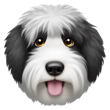 Fluffy Old English sheepdog face with the left half of his face white and the black half of his face black. White around the mouth and nose. Coloring around the eyes should be half and half as described like a black and white cookie sticker