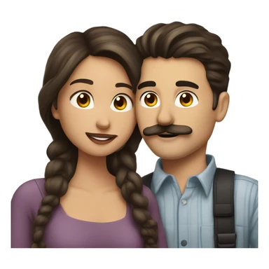 Beautiful girl kiss his boyfriend.  A white man and woman are kissing, they have dark brown hair. the man has a mustache sticker