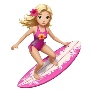 cute female surfer riding waves, hibiscus flower in hair, tropical swimsuit, colorful surfboard with Hawaiian patterns, water splash, 3D cartoon, mobile game icon style, clean background, no text sticker