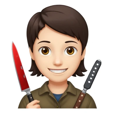 Smiling, holding a knife sticker