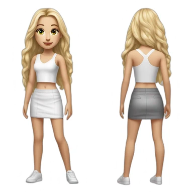 hyperrealist caucasian girl, long straight blonde hair, white v-neck laced crop tanktop, grey tight micro skirt sticker