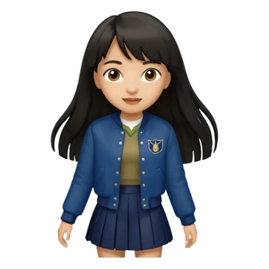 black color long hair with fringe, light skin long hair girl with brown varsity jacket and navy long skirt walking

 sticker