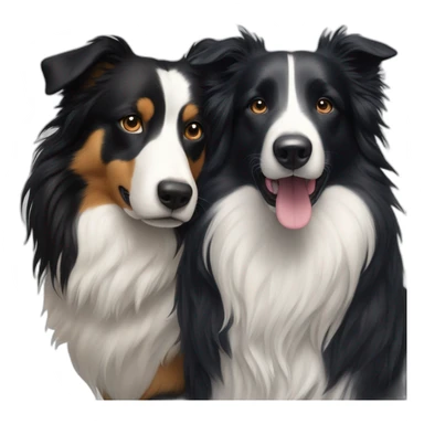 A family photo of a 30-year-old very long black hair next to a black and white border collie sticker