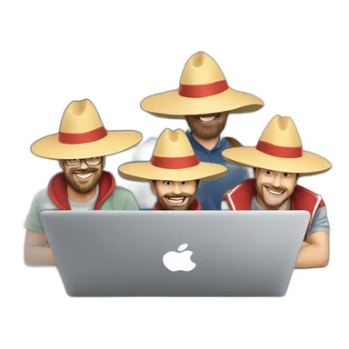 5 web developers wearing sombreros, with macbooks, sitting riding on a shark, laravel flag on pole sticker