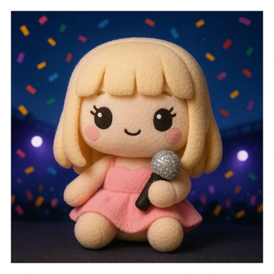 Pretty and girly Blonde pop star with bangs, holding a bedazzled microphone, reimagined as a soft kawaii plushie doll, with a nighttime concert backdrop with colorful confetti sticker