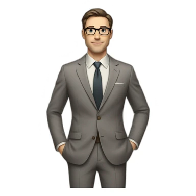 Full height Pale skinned Fit Man With dark brown hair in classic gray suit, beige office shirt, dark gray tie, and vintage glasses. His right hand is directed up sticker