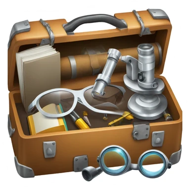toolbox for scientist with a book, glasses, microscope sticker
